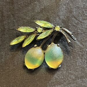 Vintage Lemon Lime Frosted Molded Glass Fruit Brooch with Green Rhinestones